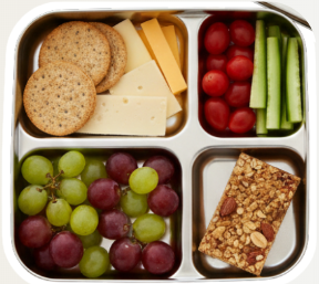 A balanced bento lunchbox with crackers, cheese, grapes, veggie sticks and a muesli bar